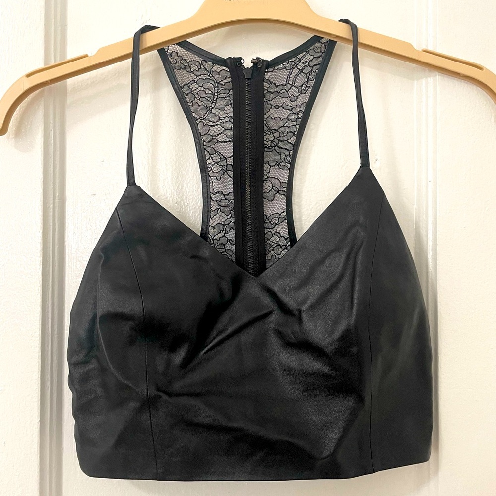 Alice + Olivia Leather Lace Zip Back Racerback Designer Structured Crop Top 2